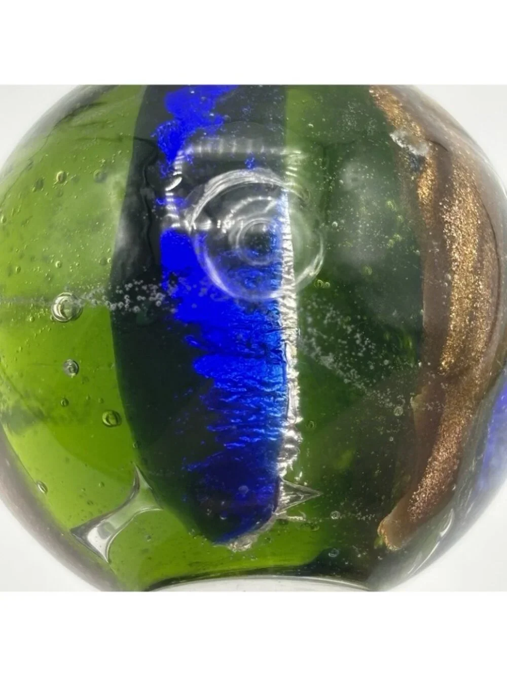 Art Glass Wine Bottle Stopper Topper Green Ball Gold Blue Striped Glossy Bubbles